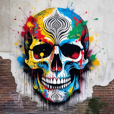 Colorful Graffiti Skull on Wall