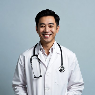 Asian male doctor smiling with stethoscope