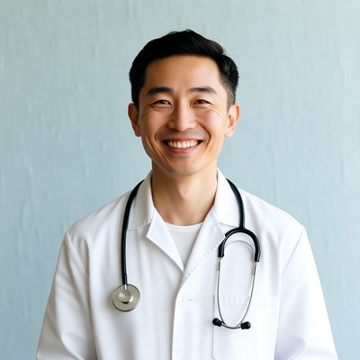 Asian male doctor smiling with stethoscope