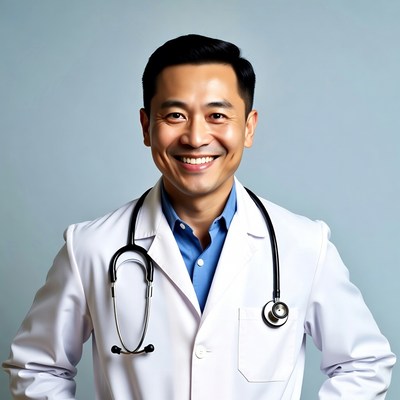 Asian male doctor smiling with stethoscope