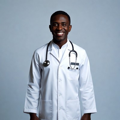 African-American male doctor smiling with stethoscope