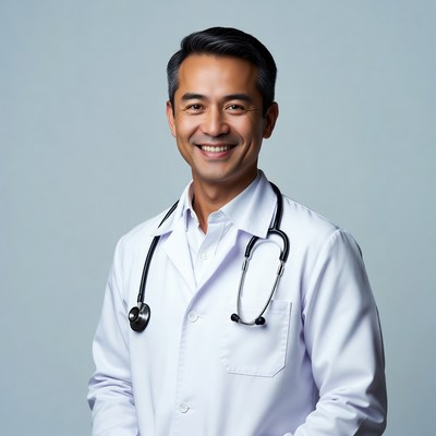Asian male doctor smiling with stethoscope
