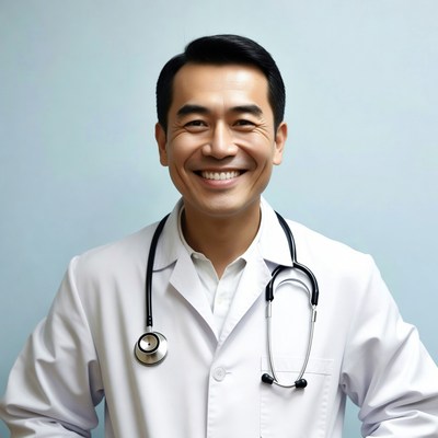 Asian male doctor smiling with stethoscope