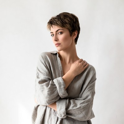 Woman with short brown hair in linen shirt