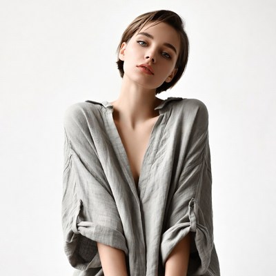Woman in gray loose shirt