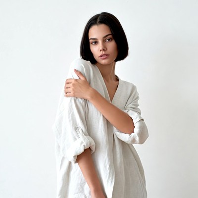 Woman in white linen dress posing