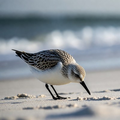 Sanderling foraging on beach sand
