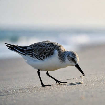 Sanderling foraging on beach sand