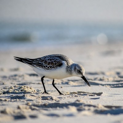 Sanderling foraging on beach sand