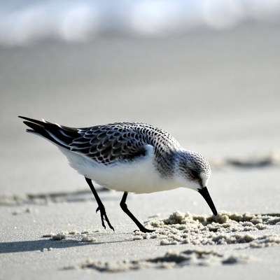 Sanderling foraging on beach sand