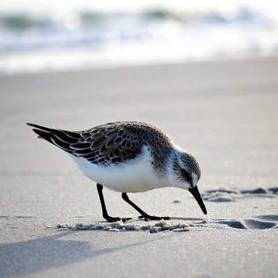 Sanderling foraging on beach sand