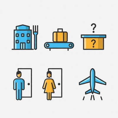 Travel Icons: Hotel, Luggage, Airplane