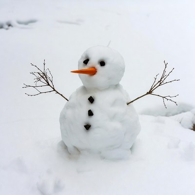 Snowman with carrot nose in snow