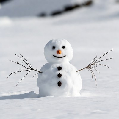 Snowman with stick arms in snow