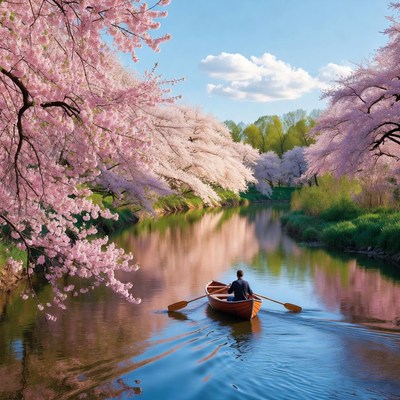 Man rowing boat in cherry blossom river