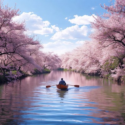 Man rowing canoe under cherry blossoms