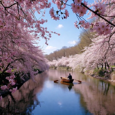 Man rowing boat in cherry blossom tunnel