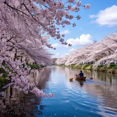 Man rowing boat under cherry blossoms