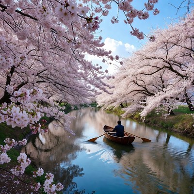 Man rowing boat under cherry blossoms