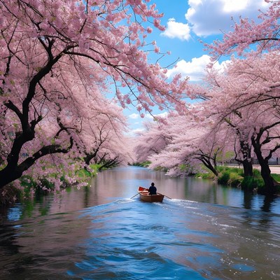 Man rowing boat under cherry blossoms