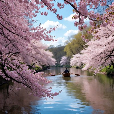 Man rowing boat under cherry blossoms