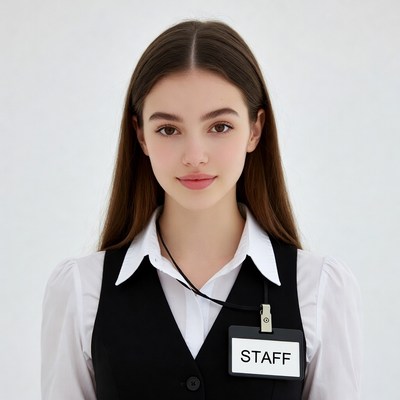 Young woman wearing staff badge