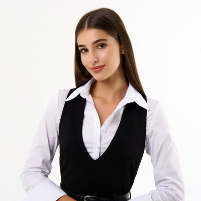 Young woman in white shirt black vest