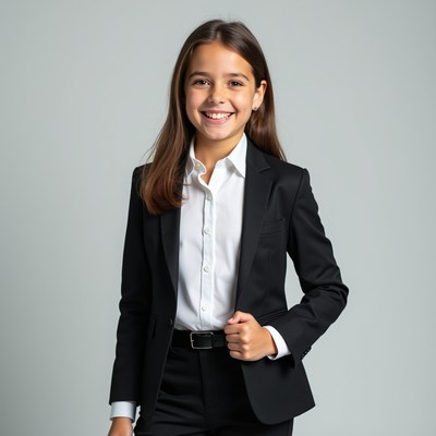 Smiling girl in black blazer suit