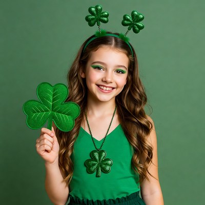 Girl holding shamrock with shamrock headband
