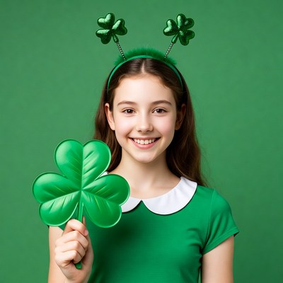 Girl holding shamrock with shamrock headband