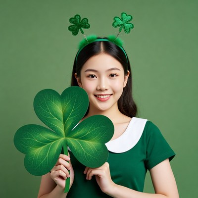 Asian girl holding shamrock with green headband