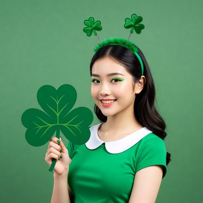 Asian woman holding shamrock St. Patrick's Day