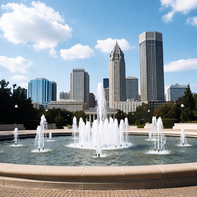 Fountain with Skyscrapers Background