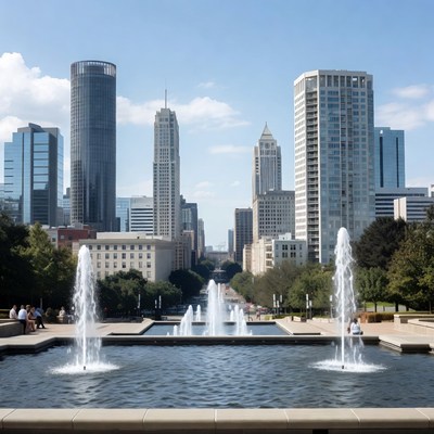 Fountain with Skyscrapers in City Plaza