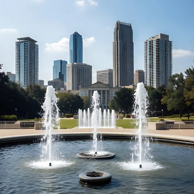 Fountain with Dallas skyline background