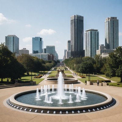 Fountain with Skyscrapers and Park