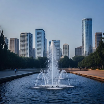 Fountain in modern city skyline