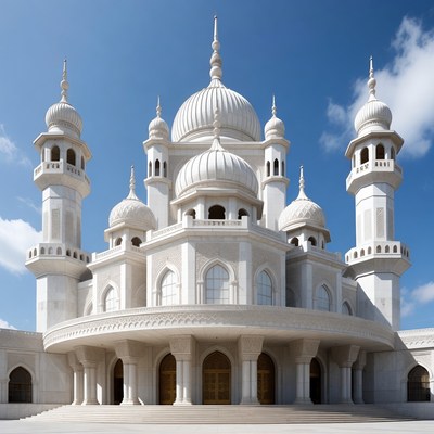 White mosque with domes and minarets