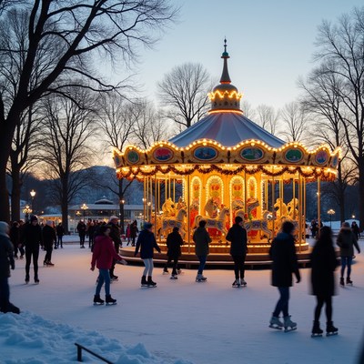 Carousel and Ice Skaters in Snowy Park