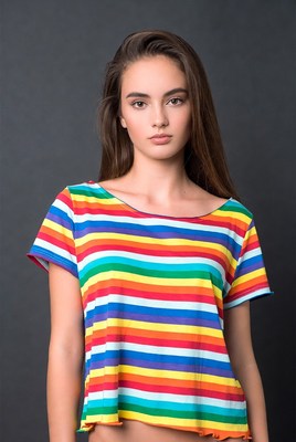 Woman in rainbow striped shirt