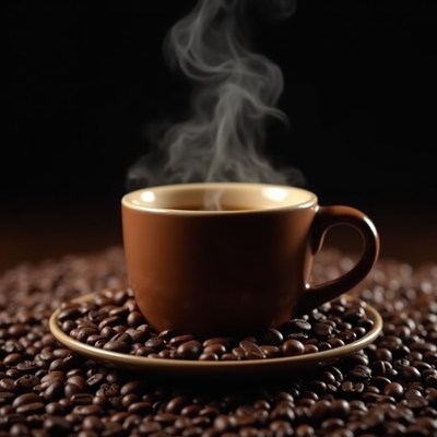 Steaming Coffee Cup on Beans
