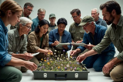 Group examining plants in metal case