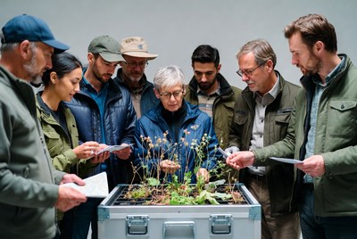 Group examining plants in metal tray