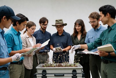 Group examining plants in tray