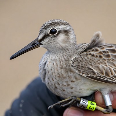 Banded Semipalmated Sandpiper held in hand