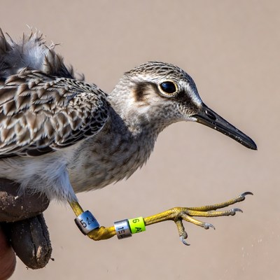 Whimbrel bird with leg bands