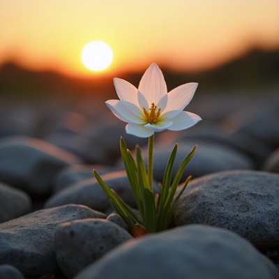 White Lily Flower at Sunset on Rocks