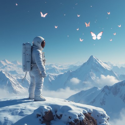 Astronaut with butterflies on snowy mountains