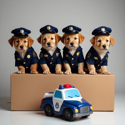Four Labrador puppies in police uniforms