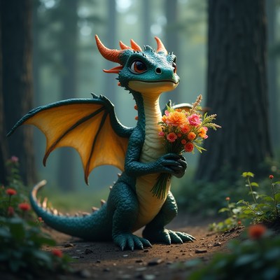 Cute baby dragon holding flowers